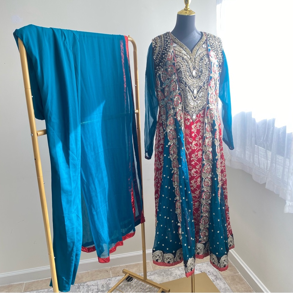 Embroidered Teal and Red Traditional Dress with Scarf shalwar kameez
